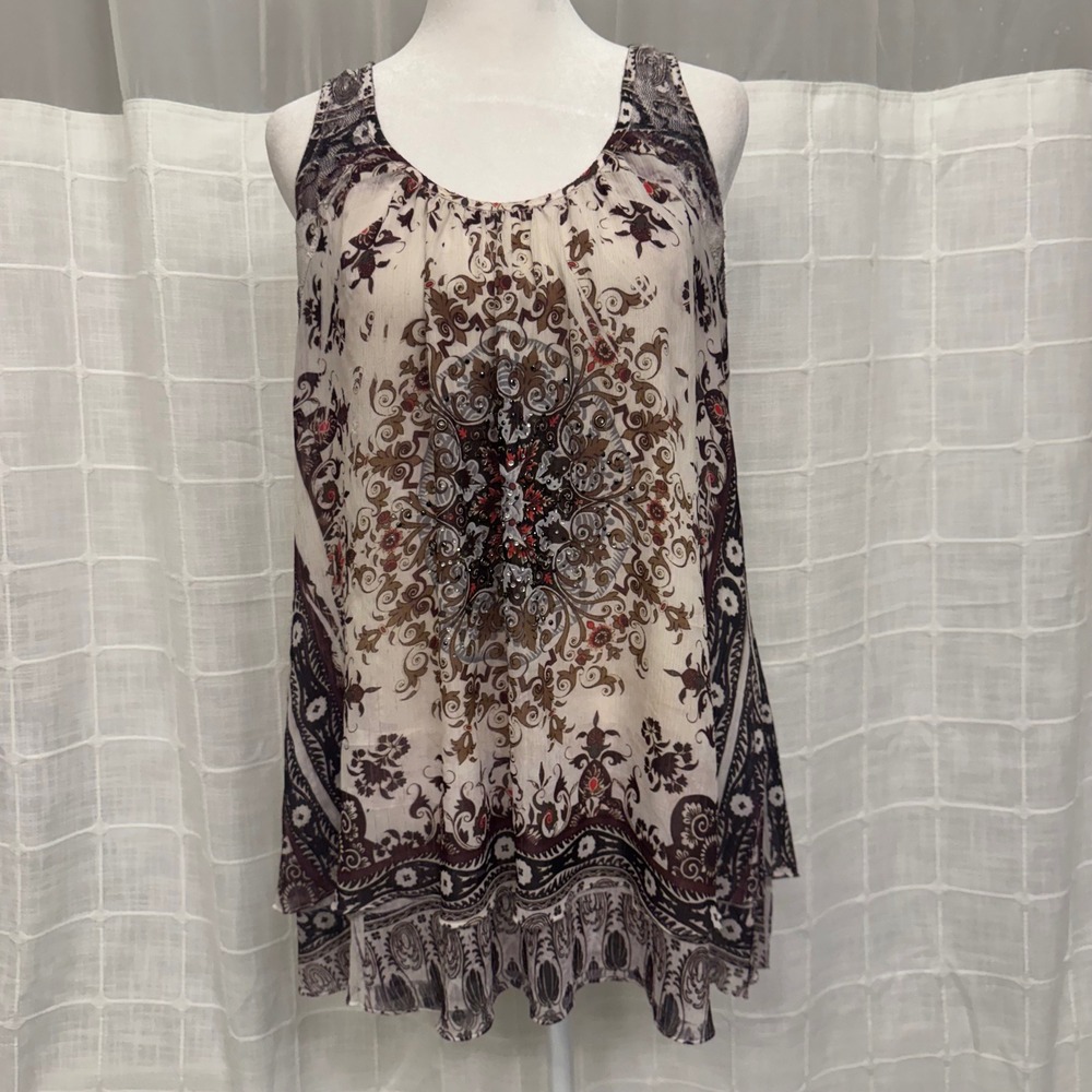 Womens Boho Medallion Print Sleeveless Racerback Flowy Tunic Top Multi-Color
